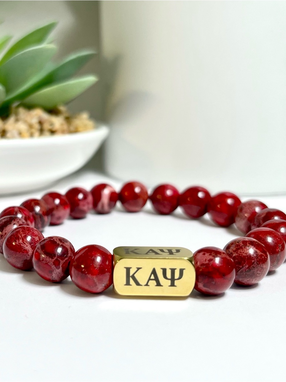 Kappa Alpha  Psi Red Jasper Beaded Bracelet with Gold Accent